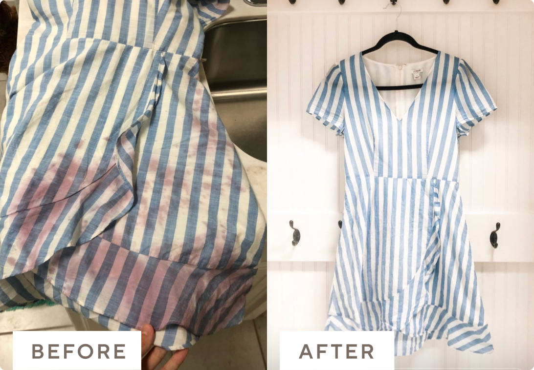 Before and after images of stained dress cleaned with Branch Basics.