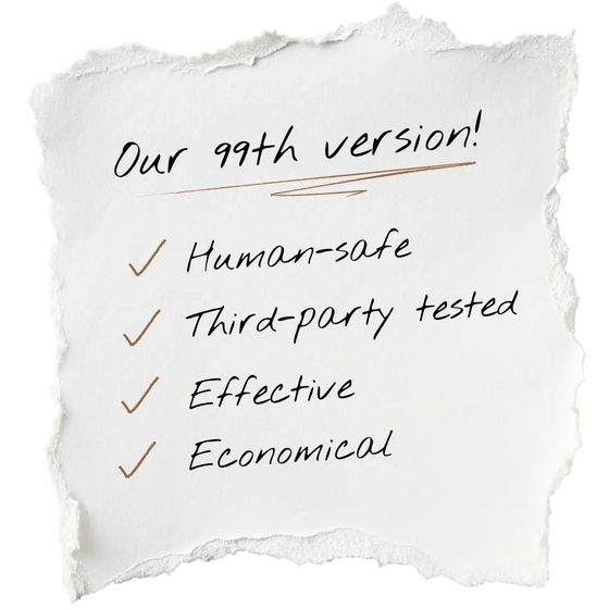 Torn piece of paper with text listing features of the Branch Basics Concentrate, including being Human-safe, Third-party tested, Effective, and Economical