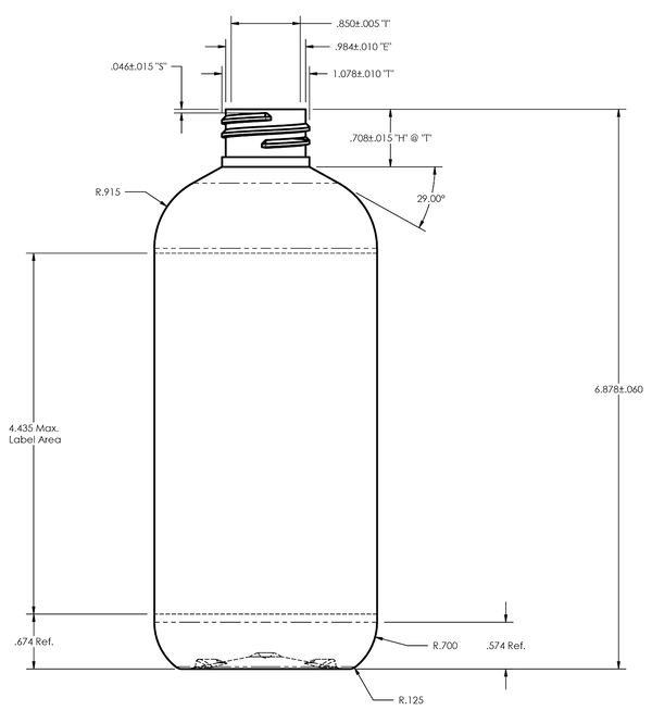 Technical drawing of a bottle with dimensions labeled